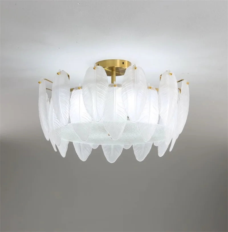 Modern white glass ceiling light with goose feather design - vue 3 sur 5