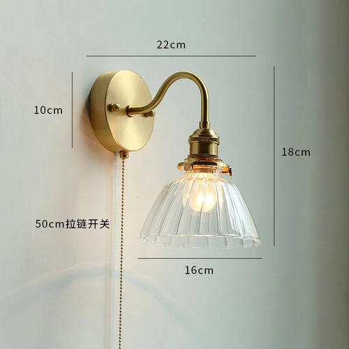 Modern glass LED wall light with pull chain switch for bathroom and bedroom, nordic copper - vue 11 sur 23