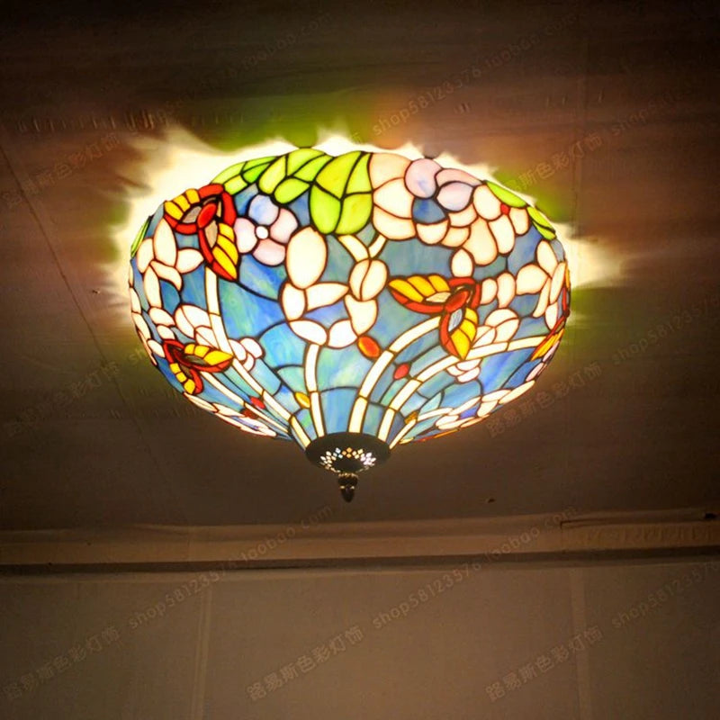 Country style ceiling light with glass flowers and butterflies