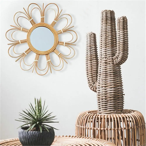 retro wicker wall mirror for home decor - vue 5 sur 7