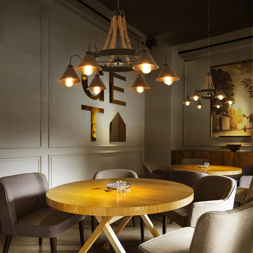 Vintage industrial wrought iron chandelier for loft and café - vue 3 sur 12