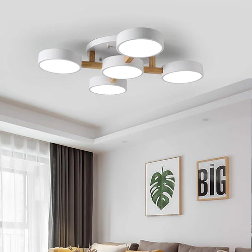 Modern LED ceiling light in acrylic and wood molecular design - vue 4 sur 11