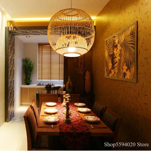 Chinese wooden pendant light with LED design for Japanese restaurant - vue 3 sur 14