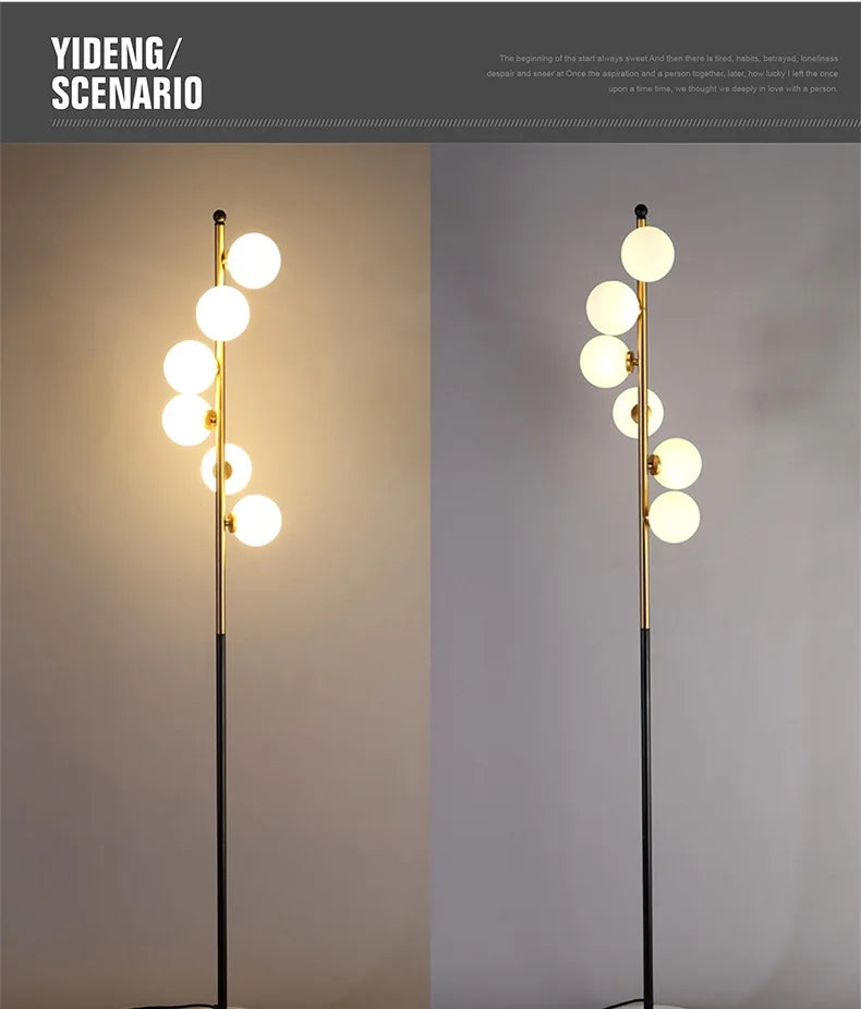 (May 16) Modern LED gold bar floor lamp with glass globes Inti - vue 7 sur 9