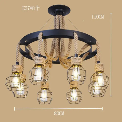 Industrial style ironwork and hemp rope chandelier - vue 14 sur 14