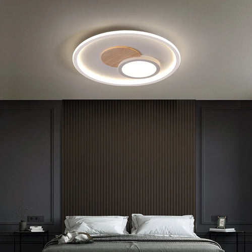 Modern round real wood ceiling light with decorative LEDs - vue 5 sur 16