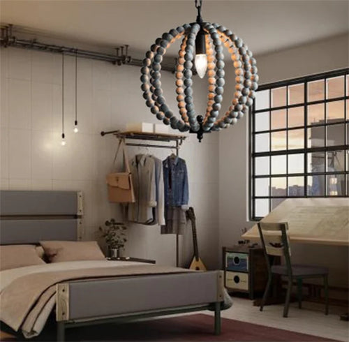 Round rustic retro chandelier in white iron with wood beads - vue 6 sur 11