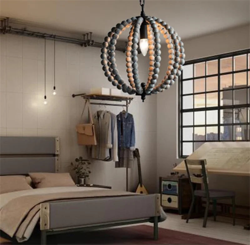 Round rustic retro chandelier in white iron with wood beads - vue 5 sur 11
