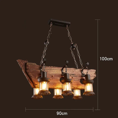 lustre vintage loft en bois avec suspension LED - vue 12 sur 28