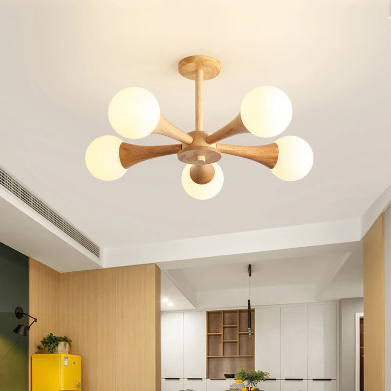 Modern wooden chandelier with glass lampshade