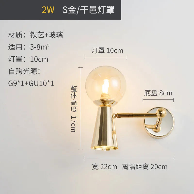 applique murale en fer forgé tête de verre rotative lampes LED décoratives - vue 9 sur 12