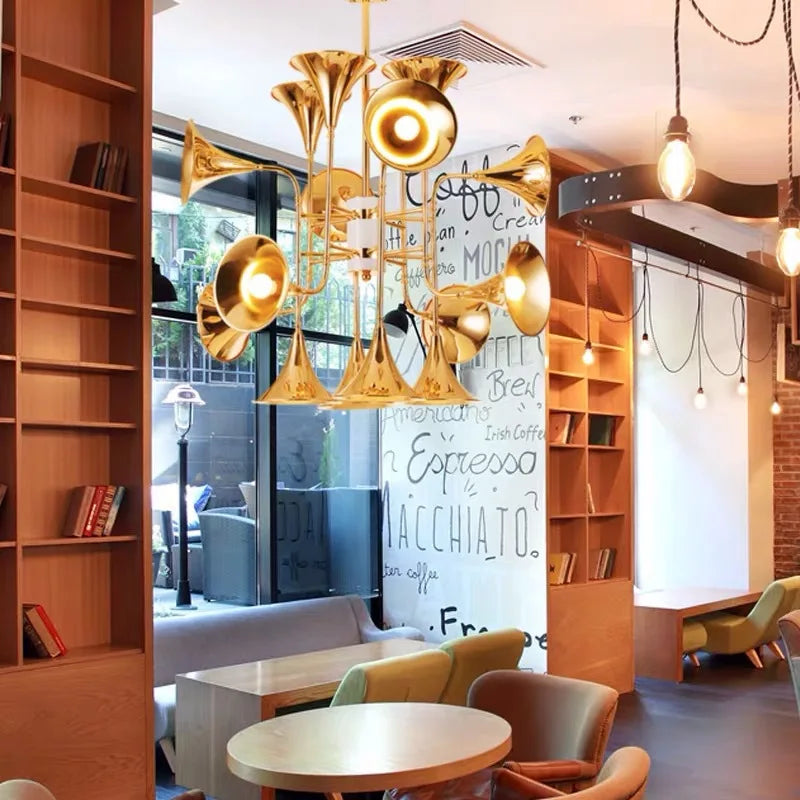 Modern gold horn pendant light for musical lighting - vue 4 sur 9