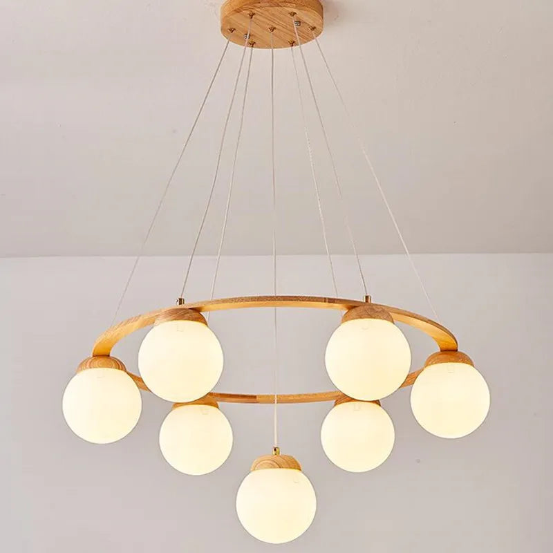 Modern Nordic wooden and white glass pendant light