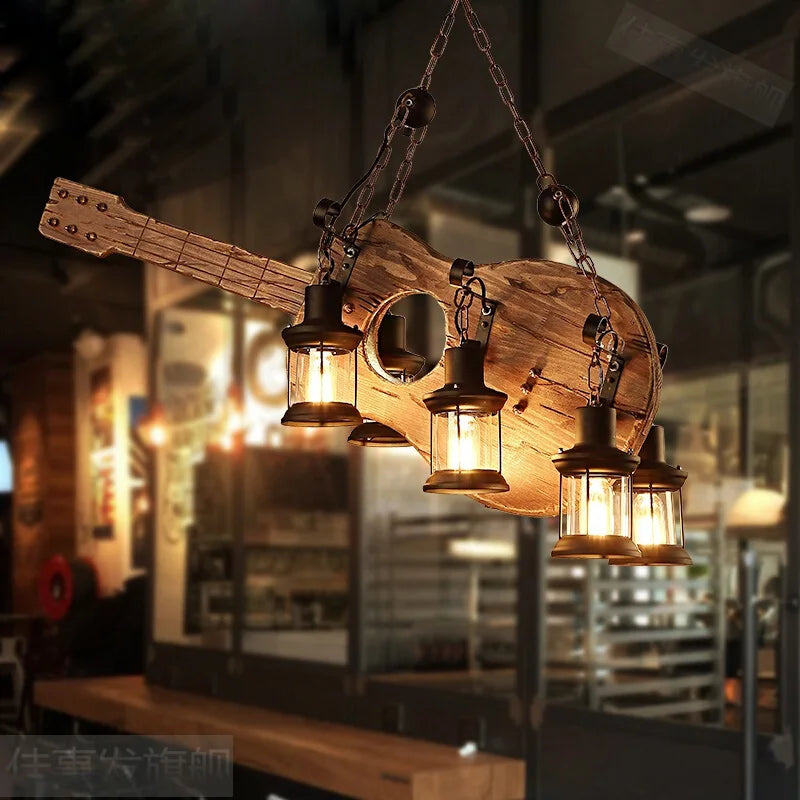Vintage loft wooden chandelier with LED pendant