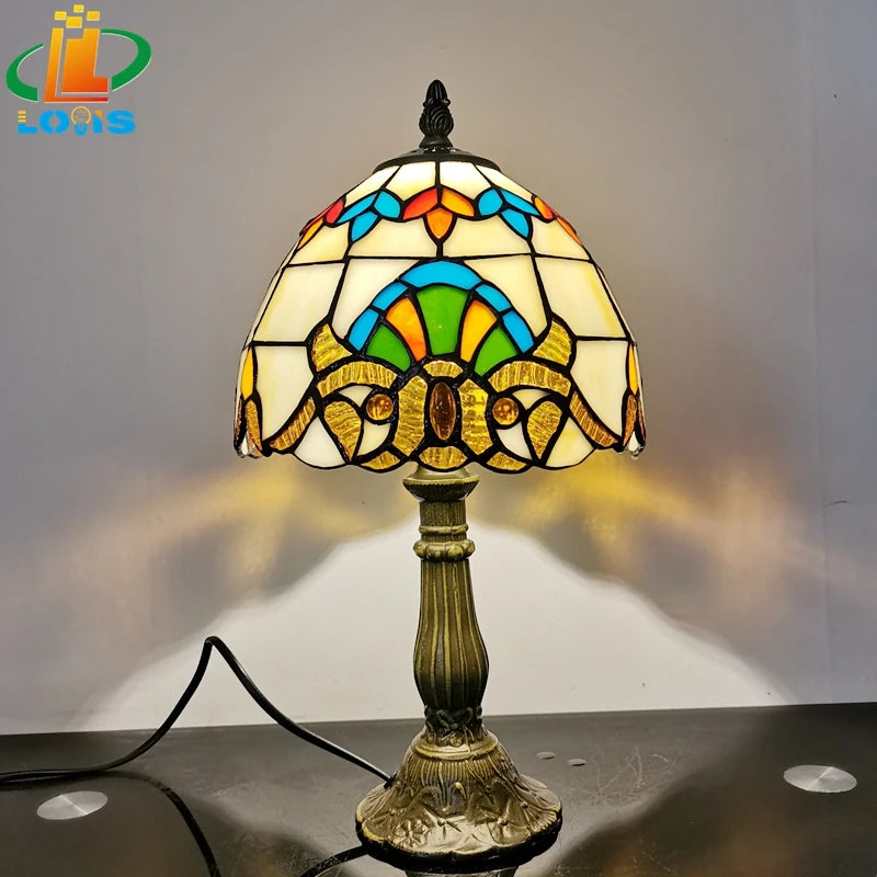 European baroque style tiffany table lamp in antique glass - vue 6 sur 6