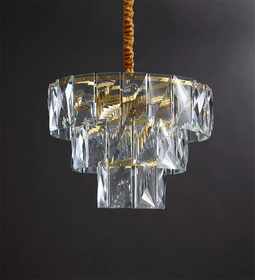 Round gold steel chandelier with crystal LED lighting