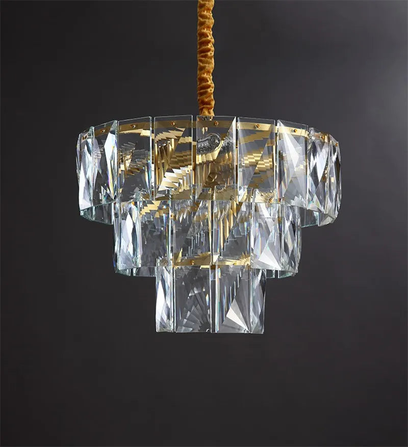 Round gold steel chandelier with crystal LED lighting