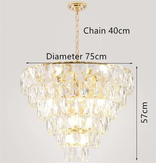 Round gold steel chandelier with crystal and interior LED lighting - vue 4 sur 9