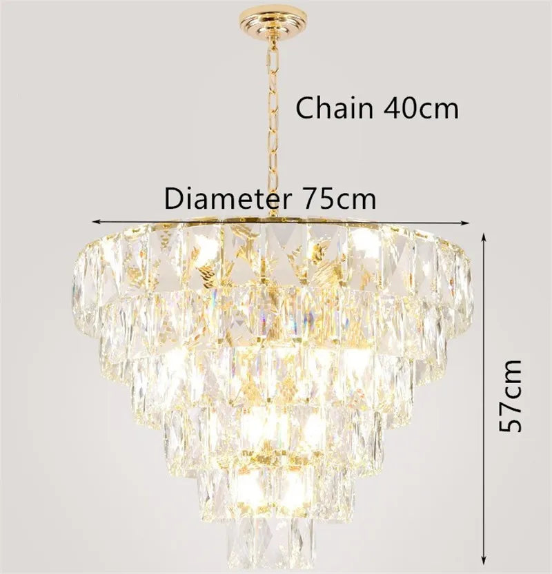Round gold steel chandelier with crystal and interior LED lighting - vue 3 sur 9