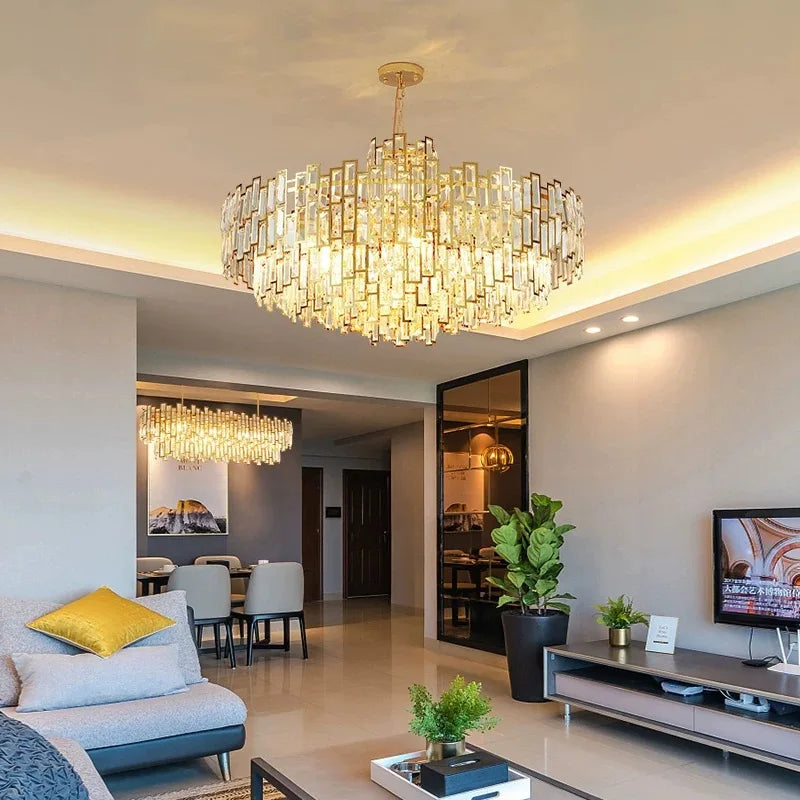 Modern designer LED chandelier in silver and gold crystal - vue 3 sur 13