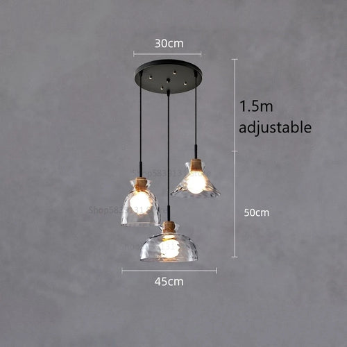 Retro nordic water grain glass and wood LED pendant light - vue 9 sur 11
