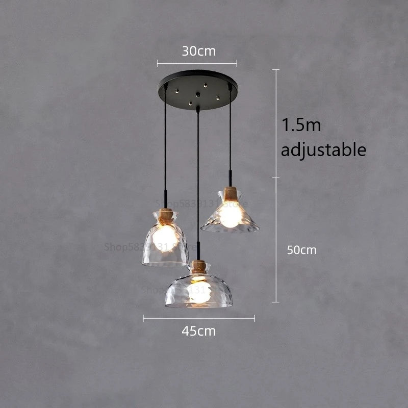 Retro nordic water grain glass and wood LED pendant light - vue 8 sur 11