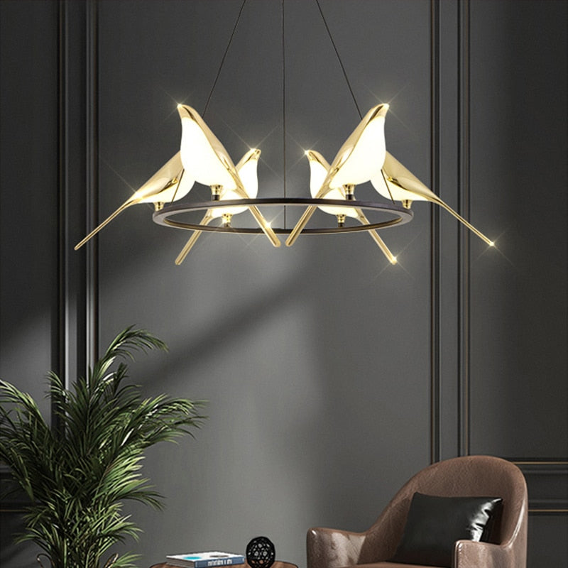 Luxury LED designer chandelier with golden magpie birds - vue 3 sur 9