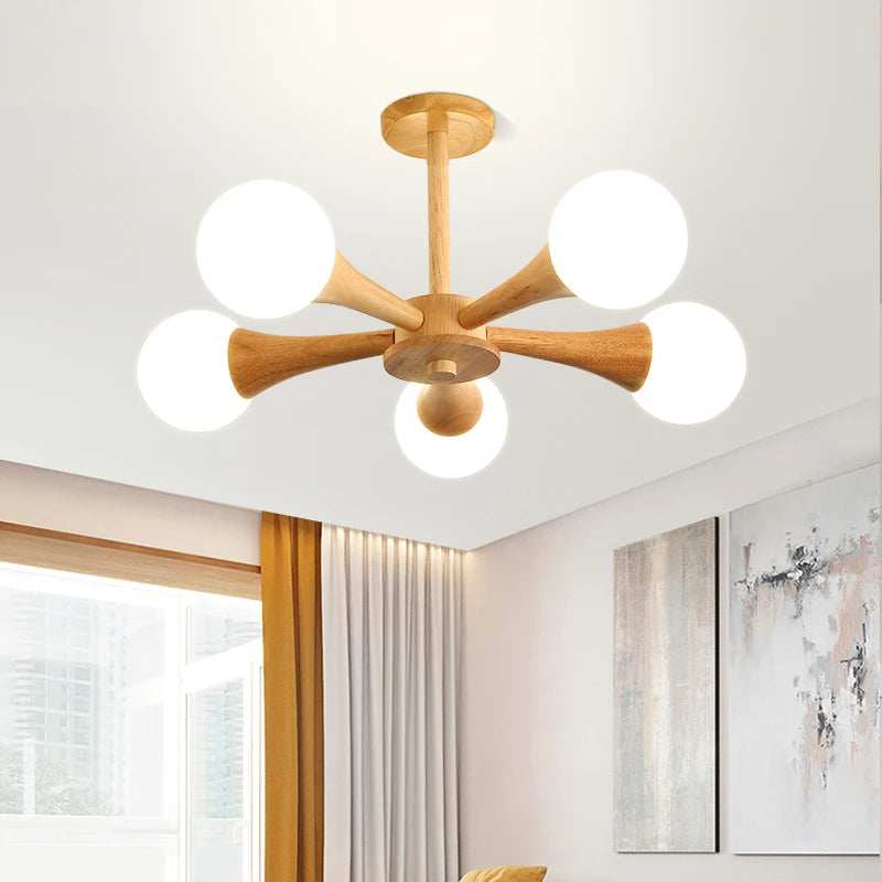 Modern wooden chandelier with glass lampshade