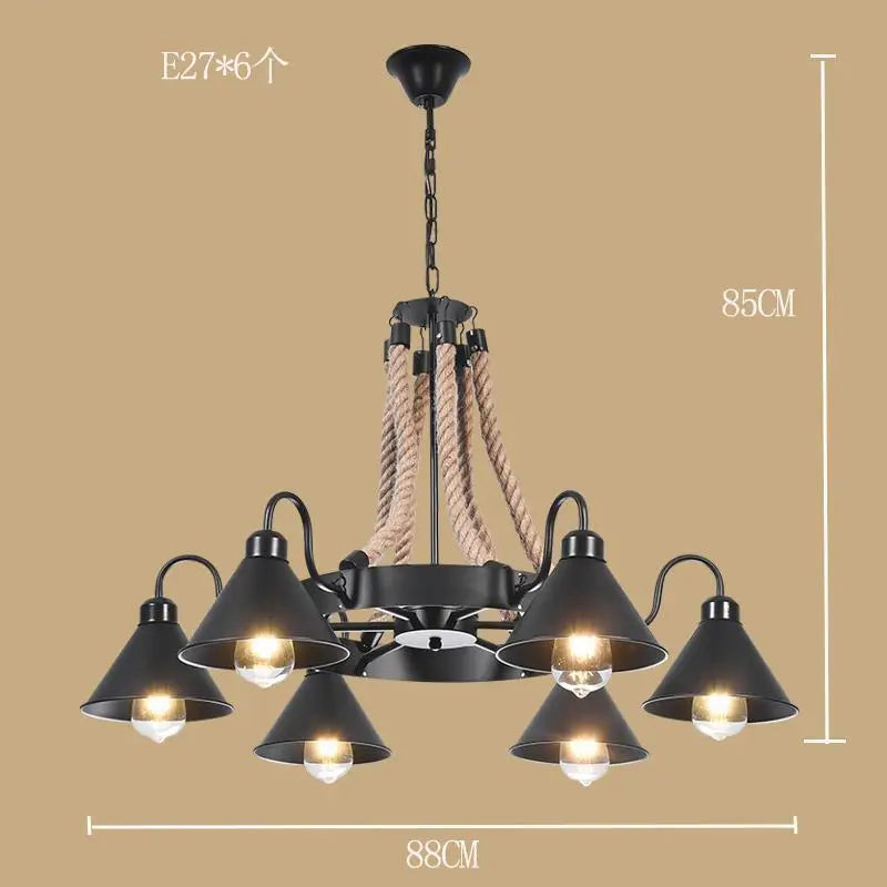 Industrial style ironwork and hemp rope chandelier