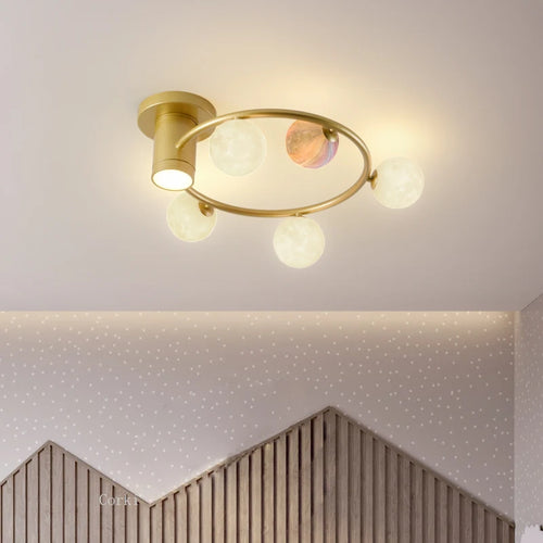designer ceiling light in black and gold metal with white ball for modern interiors - vue 3 sur 18