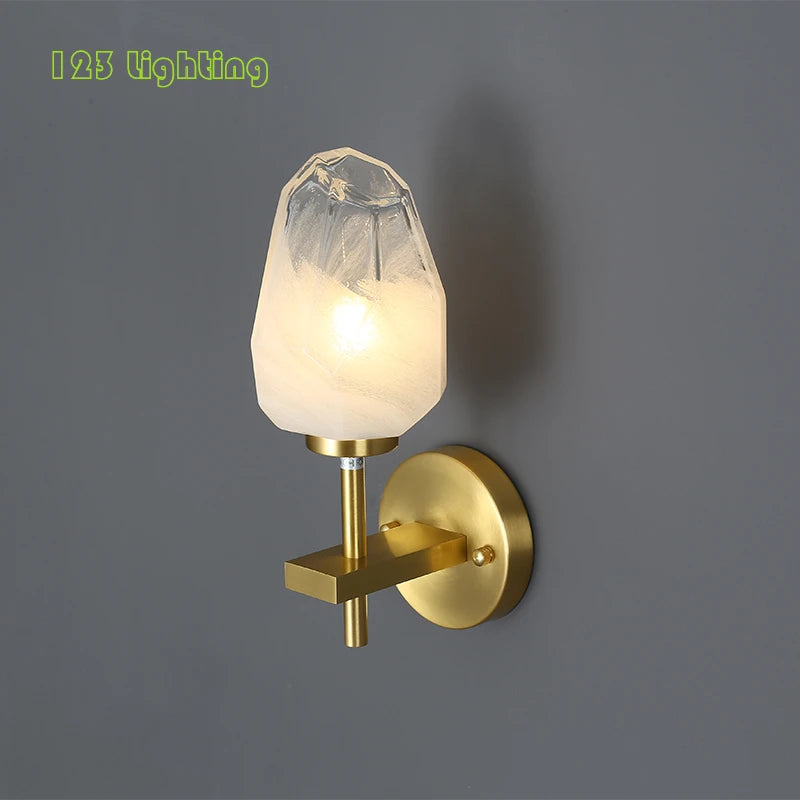 Designer glass and gold copper wall light for interiors