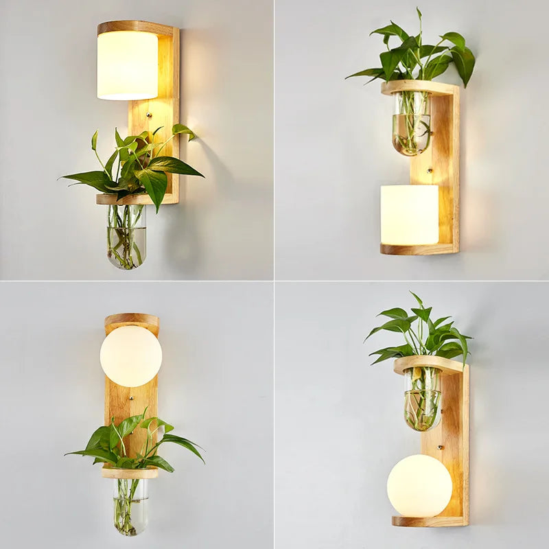 Nordic wooden wall light with green plant and glass LED lampshade