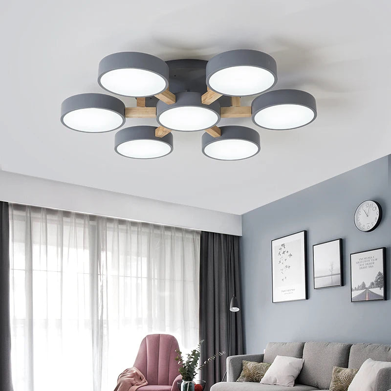 Modern LED ceiling light in acrylic and wood molecular design