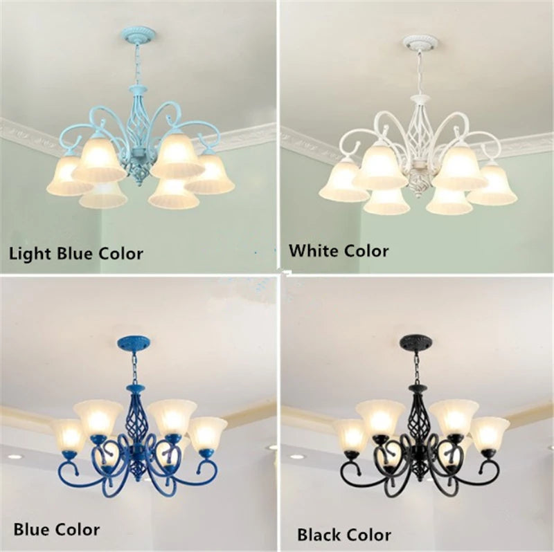 Wrought iron pendant chandelier with vintage glass shade