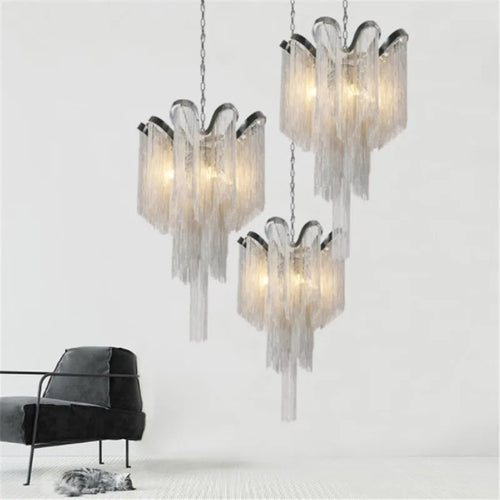 Modern aluminium chandeliers with chain and LED tassels - vue 4 sur 6