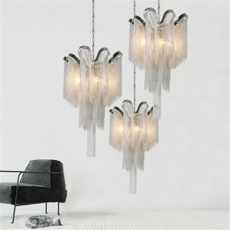 Modern aluminium chandeliers with chain and LED tassels - vue 4 sur 6