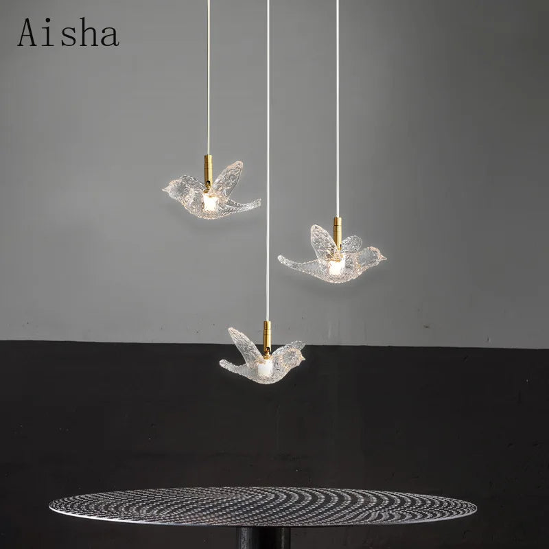 Modern bird pendant light in copper and acrylic