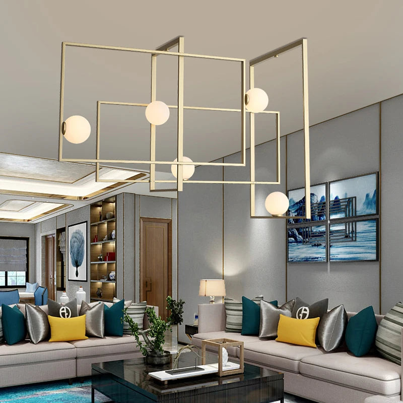 Modern LED chandelier with innovative design gold frame glass globe
