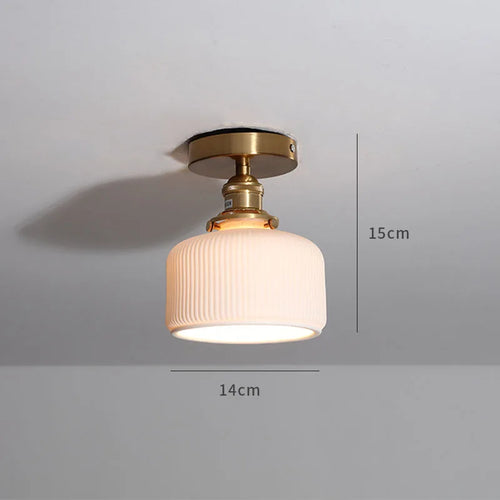 Nordic copper LED ceiling light with switch for bedroom, living room, stairway, ceramic mount - gold finish