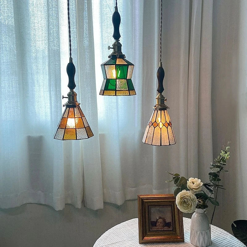 Small Nordic chandelier in copper with coloured glass