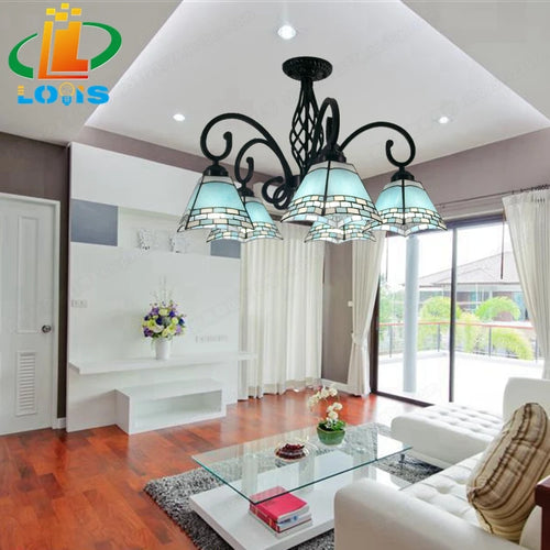 Iron ceiling light with trendy Tiffany glass rose flowers - vue 7 sur 10