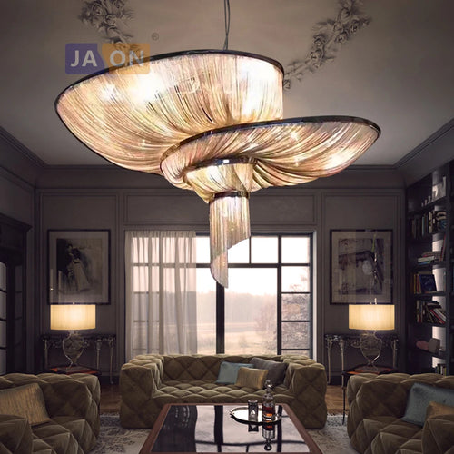 Retro vintage aluminium chandelier with gold and chrome chain - vue 6 sur 6
