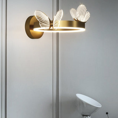 Contemporary round metal LED wall light butterfly design - vue 5 sur 6