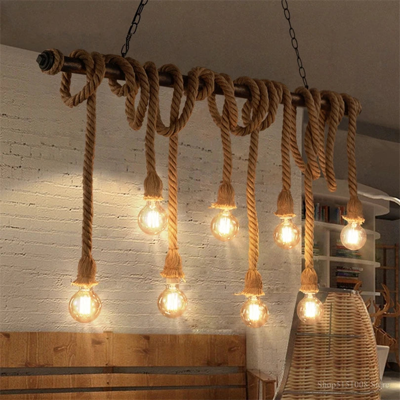 Retro industrial style pendant light with hemp rope