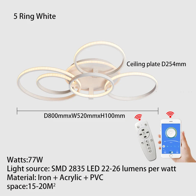 Modern led chandelier with rings, remote/app control, 1–5 rings, black or white - vue 15 sur 16