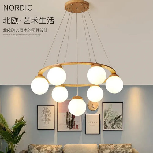 Modern Nordic wooden and white glass pendant light - vue 6 sur 15