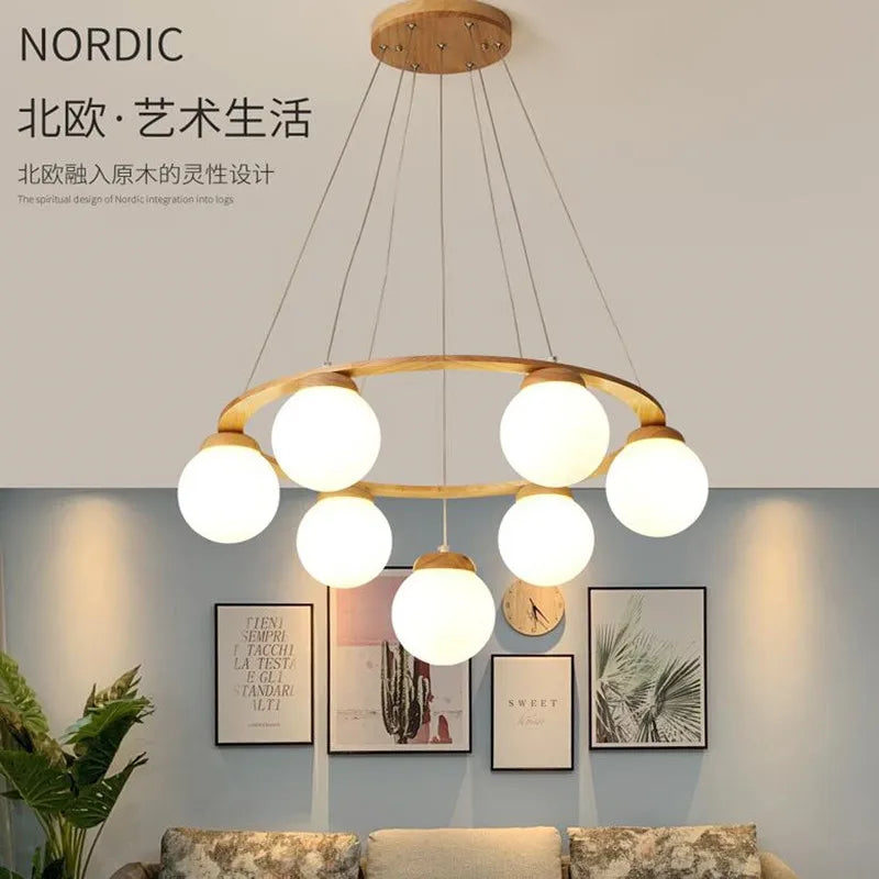Modern Nordic wooden and white glass pendant light - vue 5 sur 15