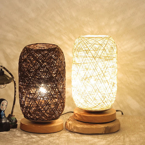 Rattan table lamp with wooden base, modern home decor - vue 6 sur 8