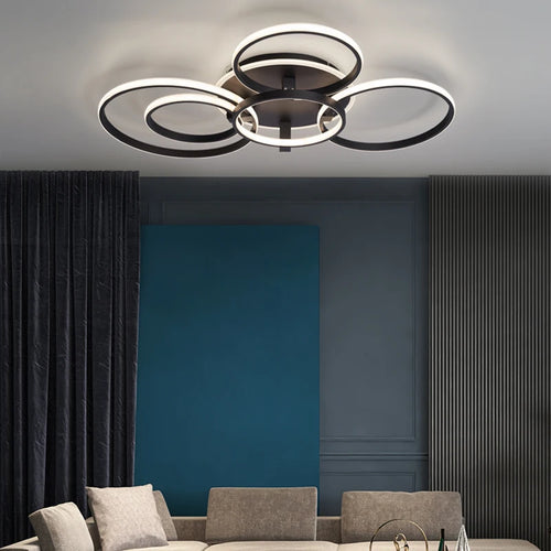 Modern led chandelier with rings, remote/app control, 1–5 rings, black or white - vue 4 sur 16