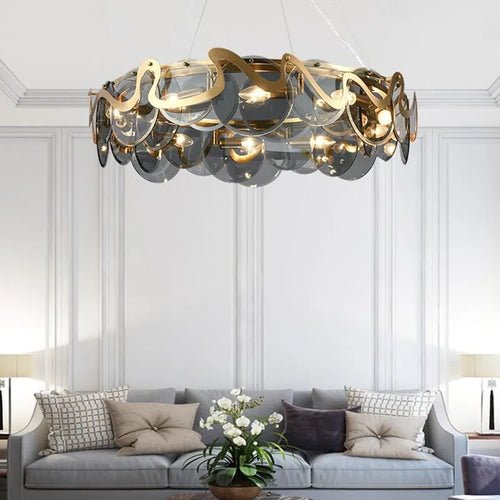 Round glass and iron chandelier for indoor lighting - vue 4 sur 12